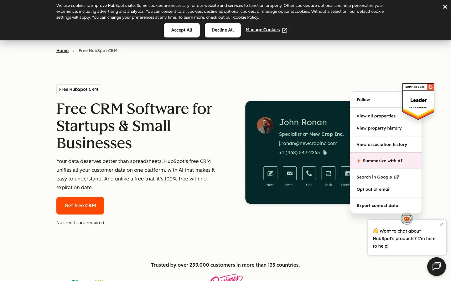 HubSpot CRM homepage showing contact management pipeline and marketing automation features