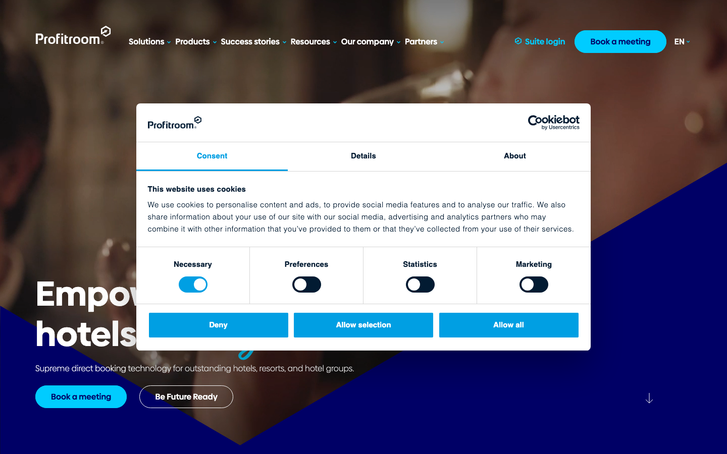 Profitroom hotel CRM and booking engine platform homepage showing direct booking and guest management