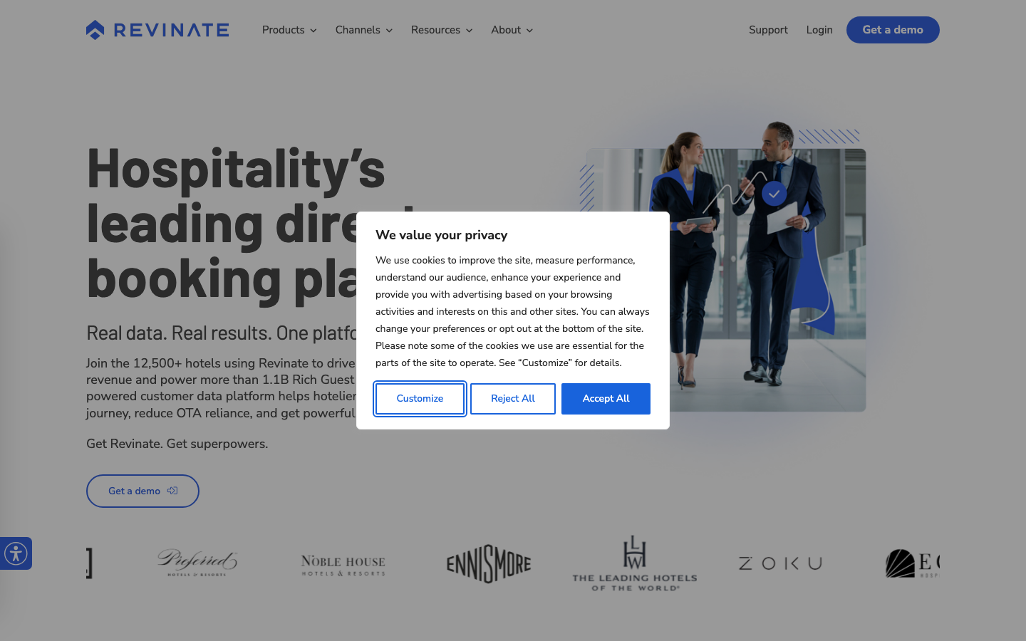 Revinate hotel CRM platform homepage showing guest data and marketing automation for hotels
