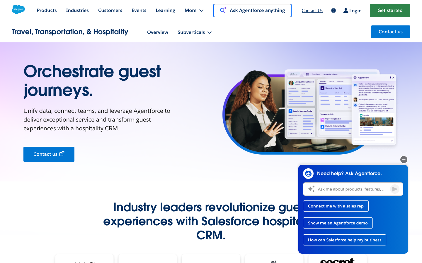 Salesforce Hospitality CRM page showing guest journey orchestration and Agentforce AI integration