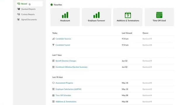 BambooHR reports menu showing Headcount, Employee Turnover, Additions and Terminations, and Time Off Used report tiles