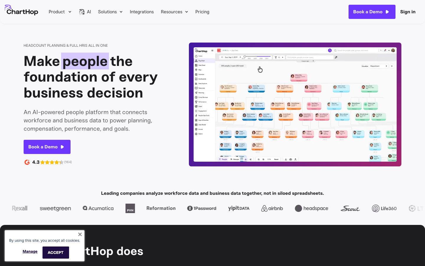 ChartHop people operations platform showing org chart, headcount planning, and workforce analytics dashboard