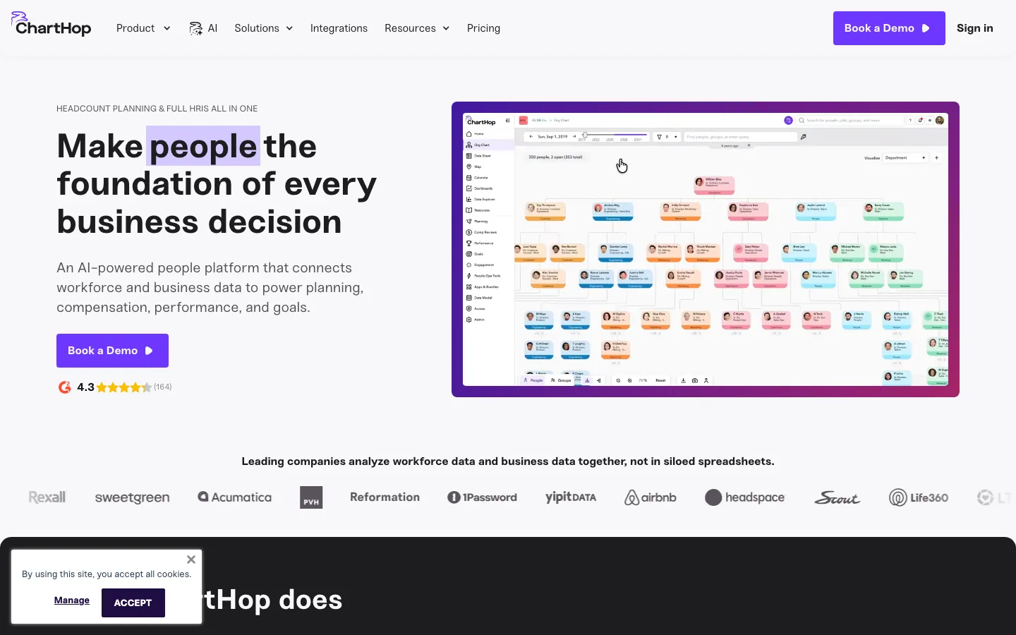 ChartHop people operations platform showing org chart, headcount planning, and workforce analytics dashboard