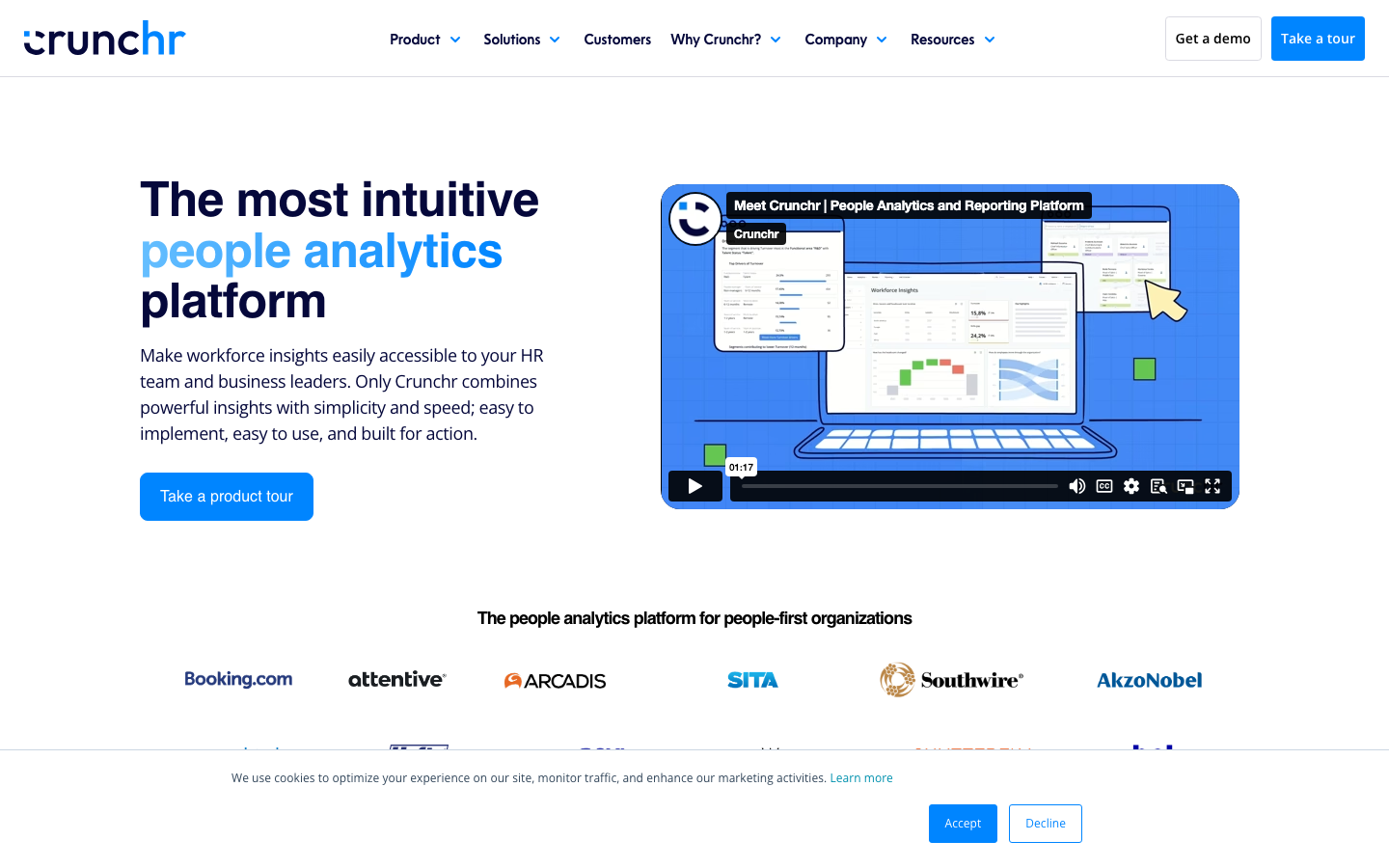 Crunchr HR analytics platform homepage showing self-serve workforce dashboards, attrition analysis, and DEI metrics