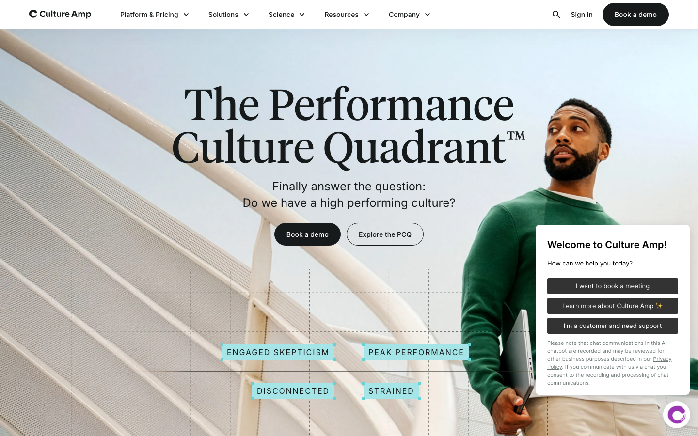 Culture Amp homepage showing employee engagement analytics, survey results, and benchmarking dashboards