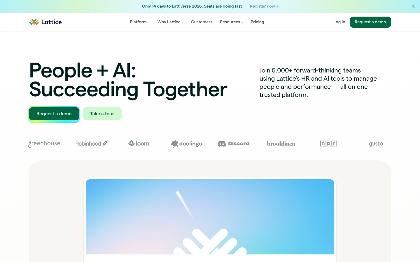 Lattice homepage showing performance management, people analytics, and engagement dashboards for HR teams