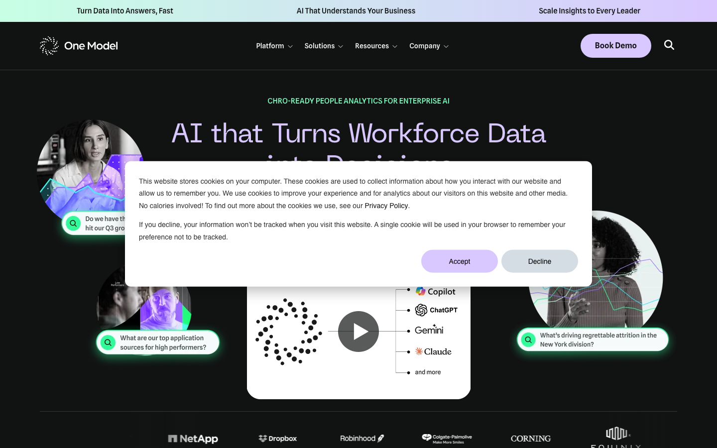 One Model people analytics platform homepage showing pre-built HR data models, workforce planning, and Power BI integration