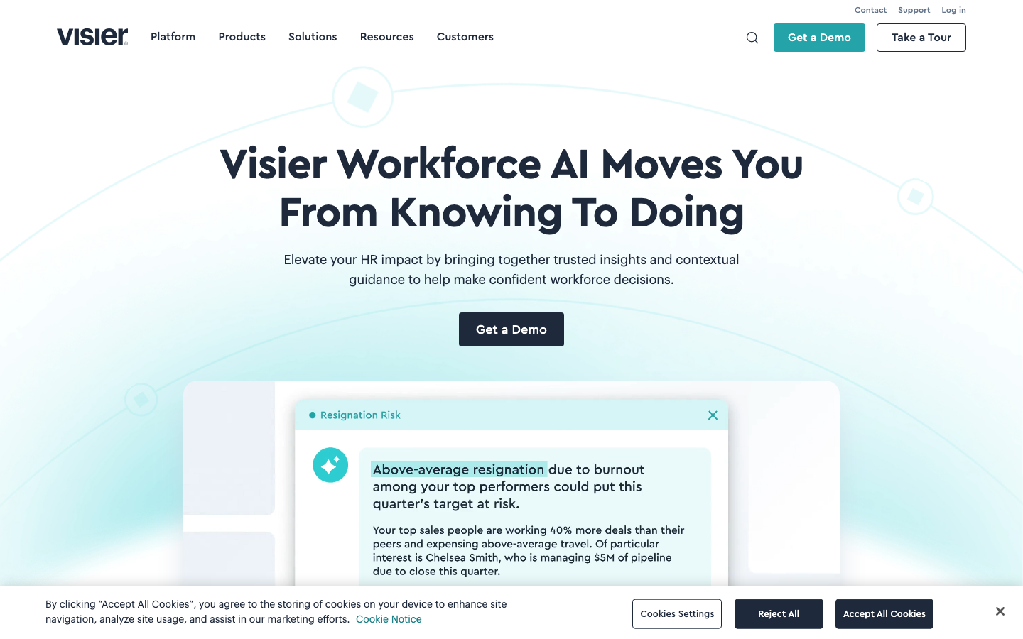 Visier people analytics homepage showing AI-powered workforce planning and predictive attrition dashboards