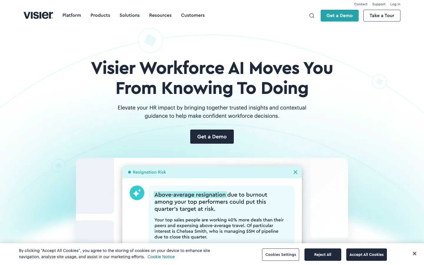Visier people analytics homepage showing AI-powered workforce planning and predictive attrition dashboards