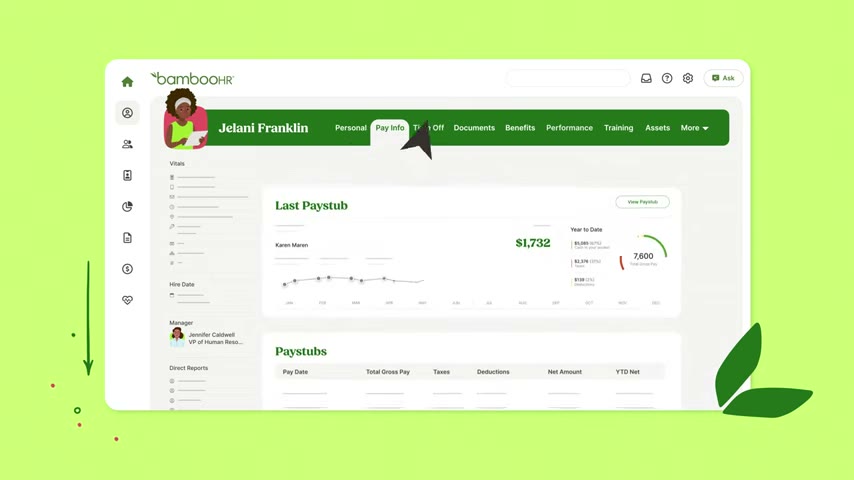 BambooHR Pay Info screen showing an employee last paystub with year to date net pay and a paystub history table