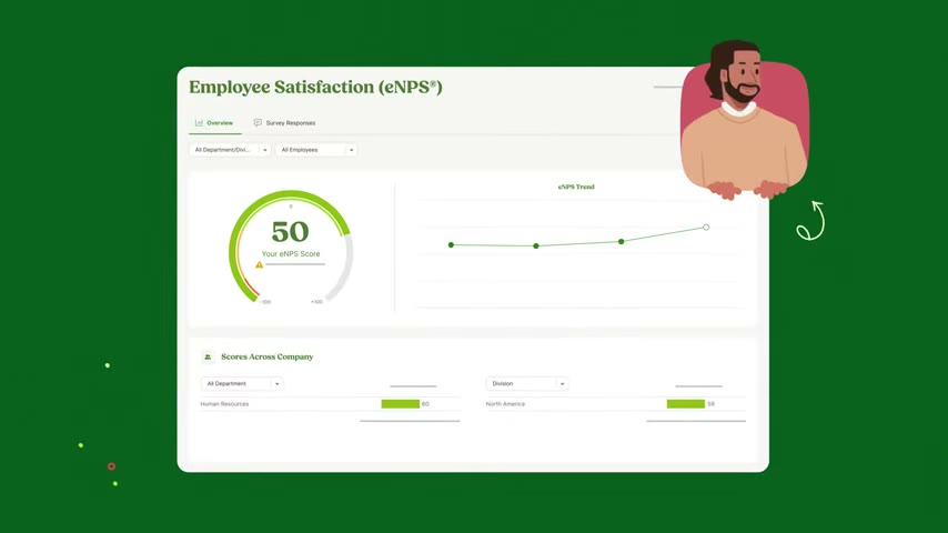 BambooHR Employee Satisfaction eNPS dashboard showing score trend and department breakdown