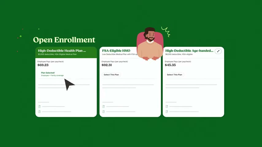 BambooHR Open Enrollment screen showing health plan options with per-paycheck employee cost