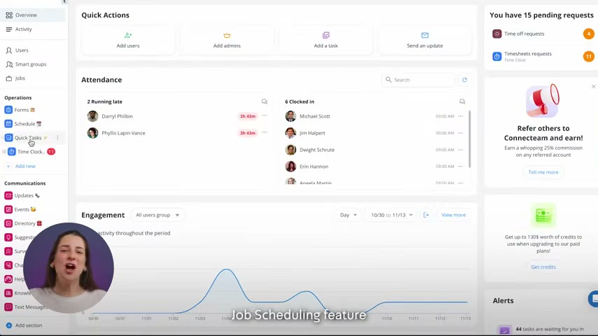 Connecteam admin dashboard showing quick actions, attendance clocked-in status, and an engagement chart