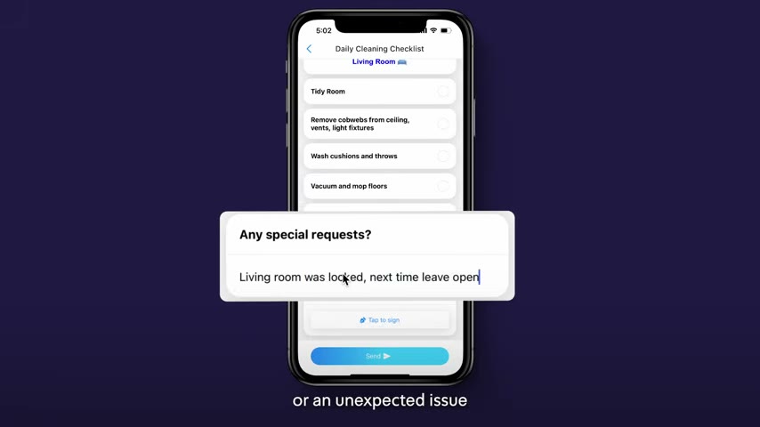 Connecteam mobile daily cleaning checklist with a special request note field and a send button