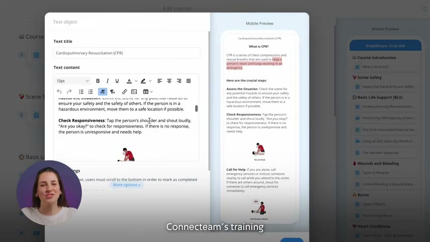 Connecteam training course builder showing a CPR course text lesson with a live mobile preview panel