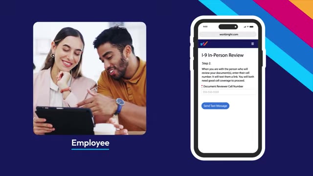 WorkBright I-9 in-person review screen asking for the document reviewer cell number to send a verification link