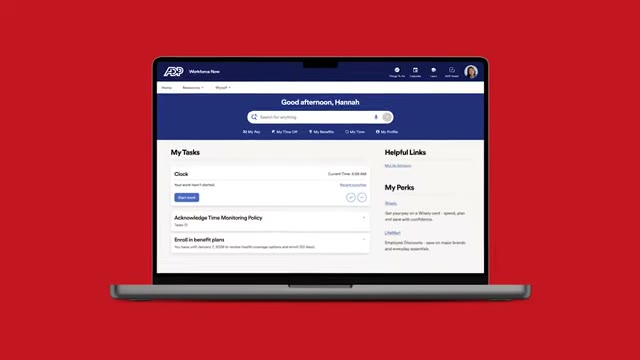 ADP Workforce Now home dashboard showing My Tasks, Helpful Links, and My Perks for a logged-in employee