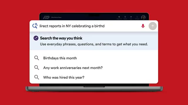 ADP Workforce Now AI search bar showing natural-language suggestions like birthdays this month and new hires