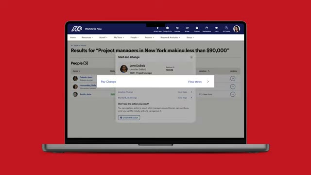 ADP Workforce Now AI search results for project managers in New York with a pay change action panel open