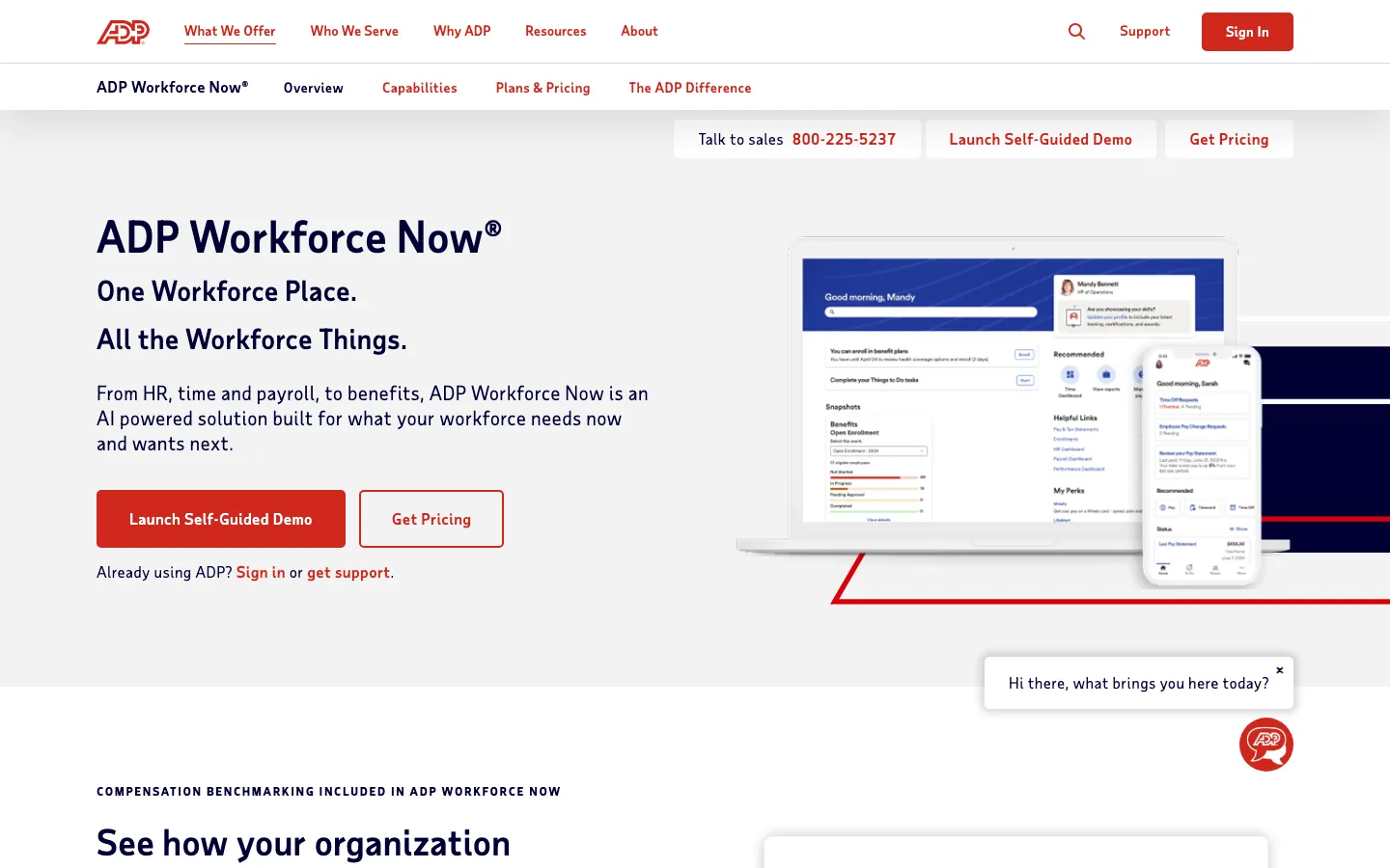 ADP Workforce Now homepage showing AI-powered HR payroll and workforce management platform