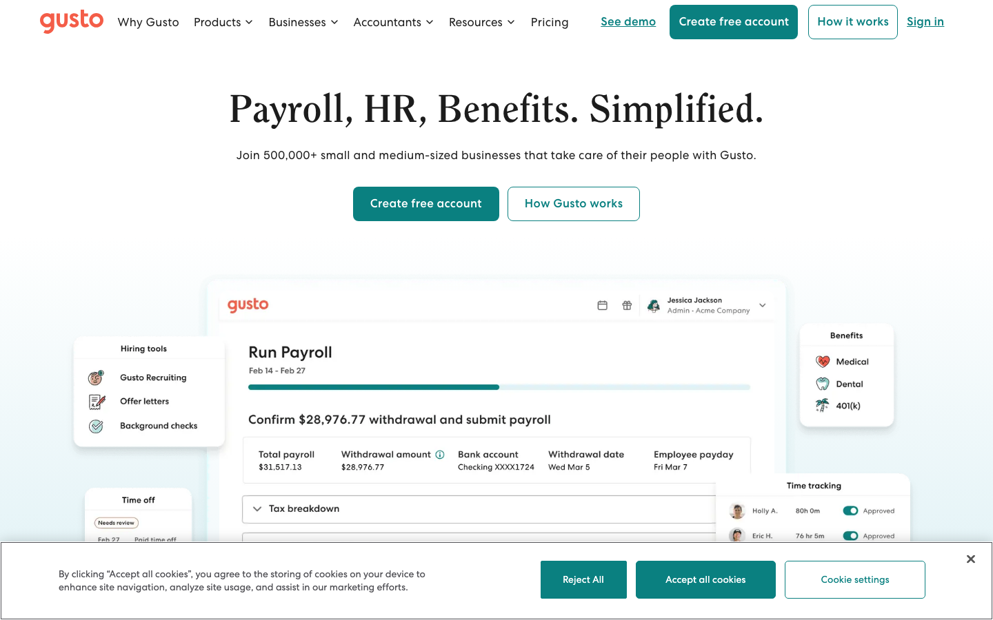 Gusto payroll and HR dashboard showing run payroll interface with benefits and time tracking