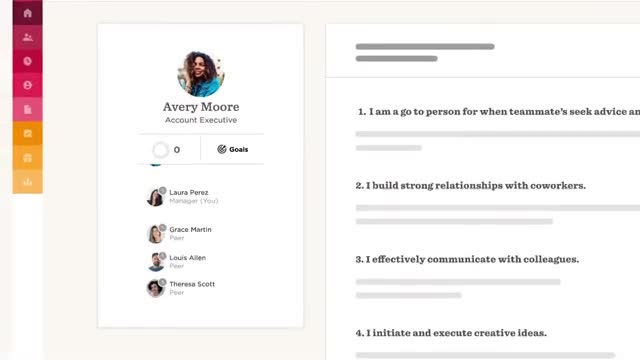 HiBob employee profile page with a 360 feedback form listing peer review questions next to the employee's team card