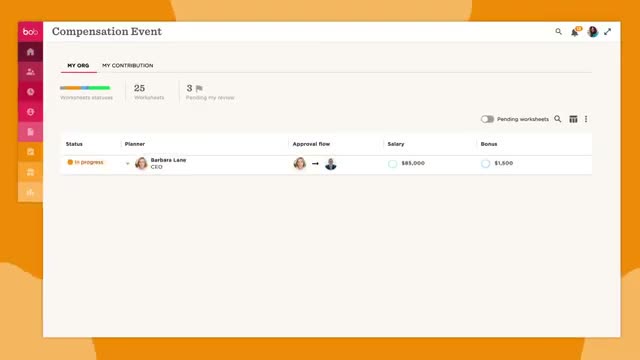 HiBob compensation event dashboard showing worksheet status, approval flow, and salary and bonus columns