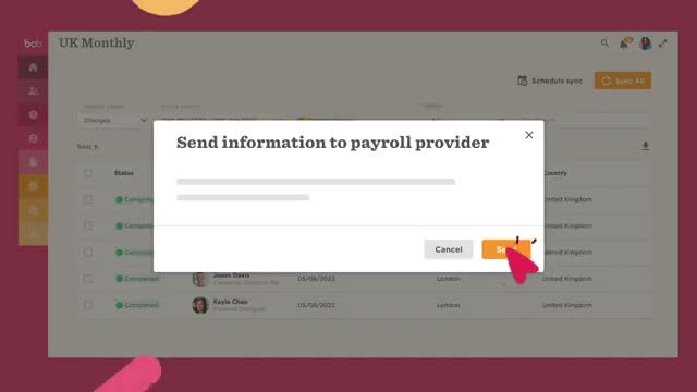 HiBob UK monthly payroll screen with a confirmation dialog for sending employee changes to the payroll provider