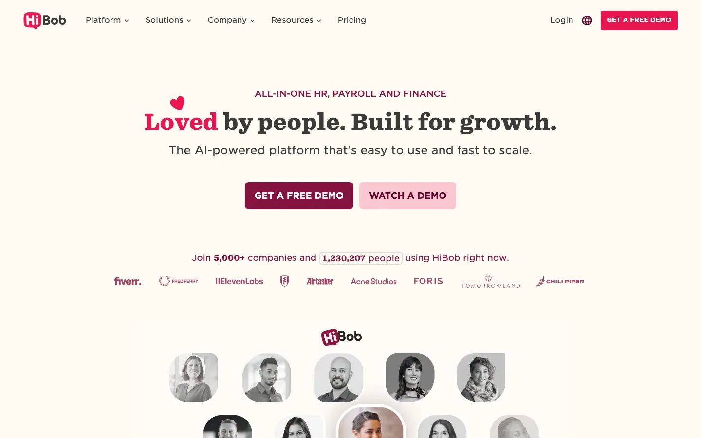 HiBob HRIS homepage showing all-in-one HR payroll and finance platform with employee engagement