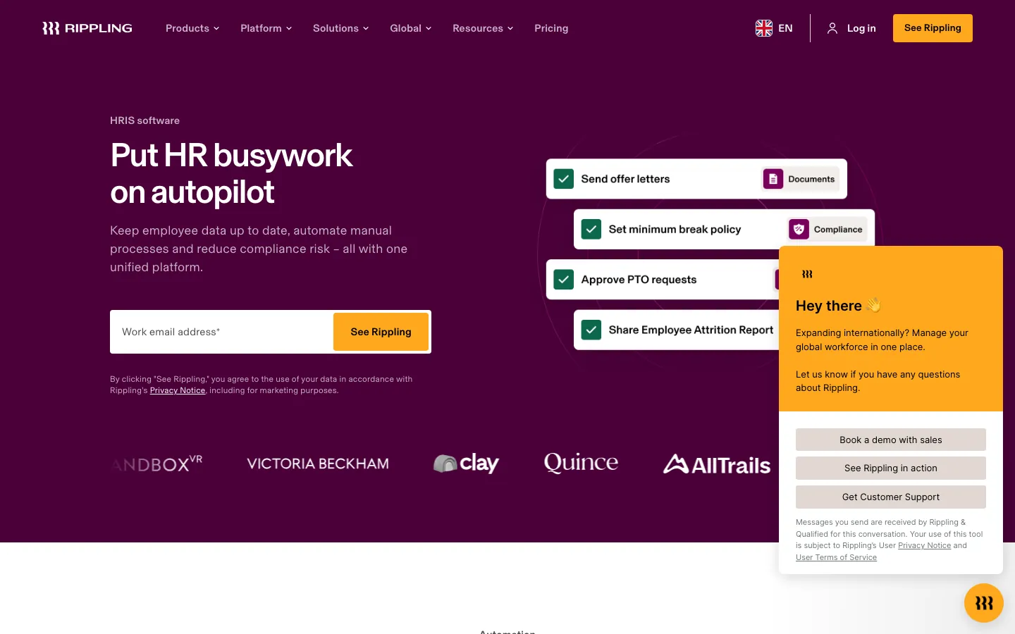 Rippling HRIS platform homepage showing HR busywork automation with unified employee management