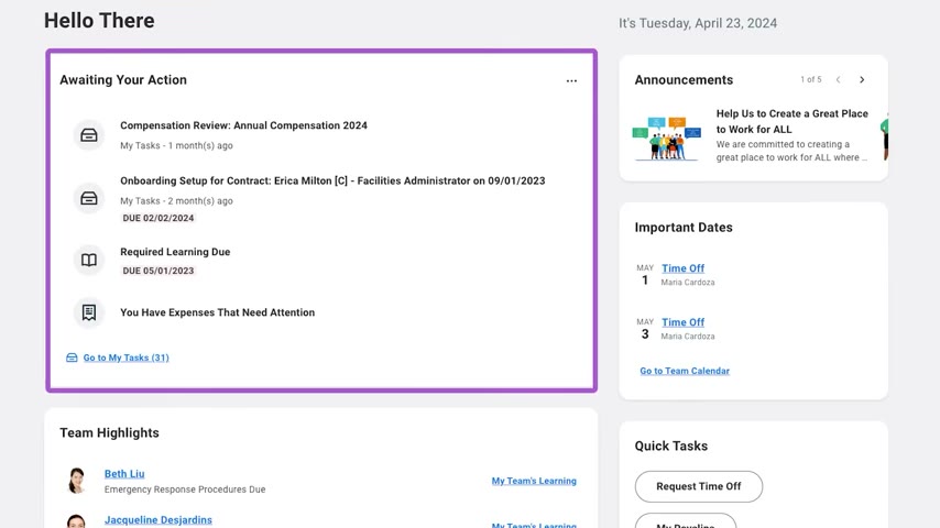 Workday HCM home page showing Awaiting Your Action tasks, Announcements, and Important Dates