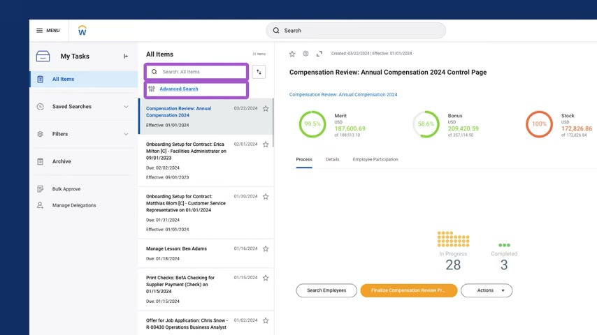 Workday HCM My Tasks list next to an open Annual Compensation Review control page with merit, bonus, and stock progress