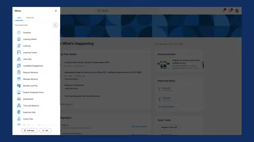 Workday HCM navigation menu open listing apps including Learning, Jobs Hub, Absence, Benefits and Pay, and Expenses Hub