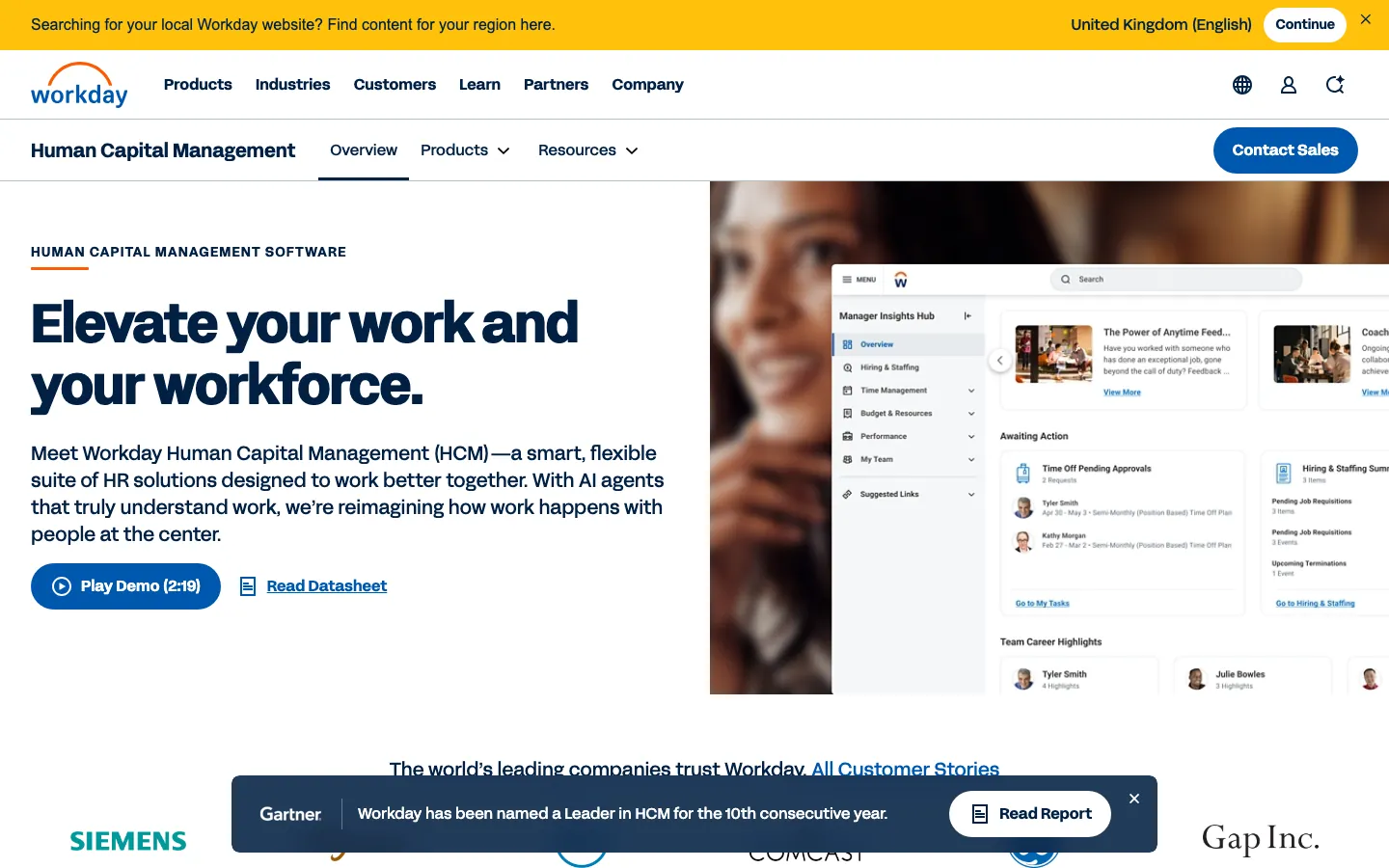 Workday Human Capital Management platform showing HR workforce management with AI agents