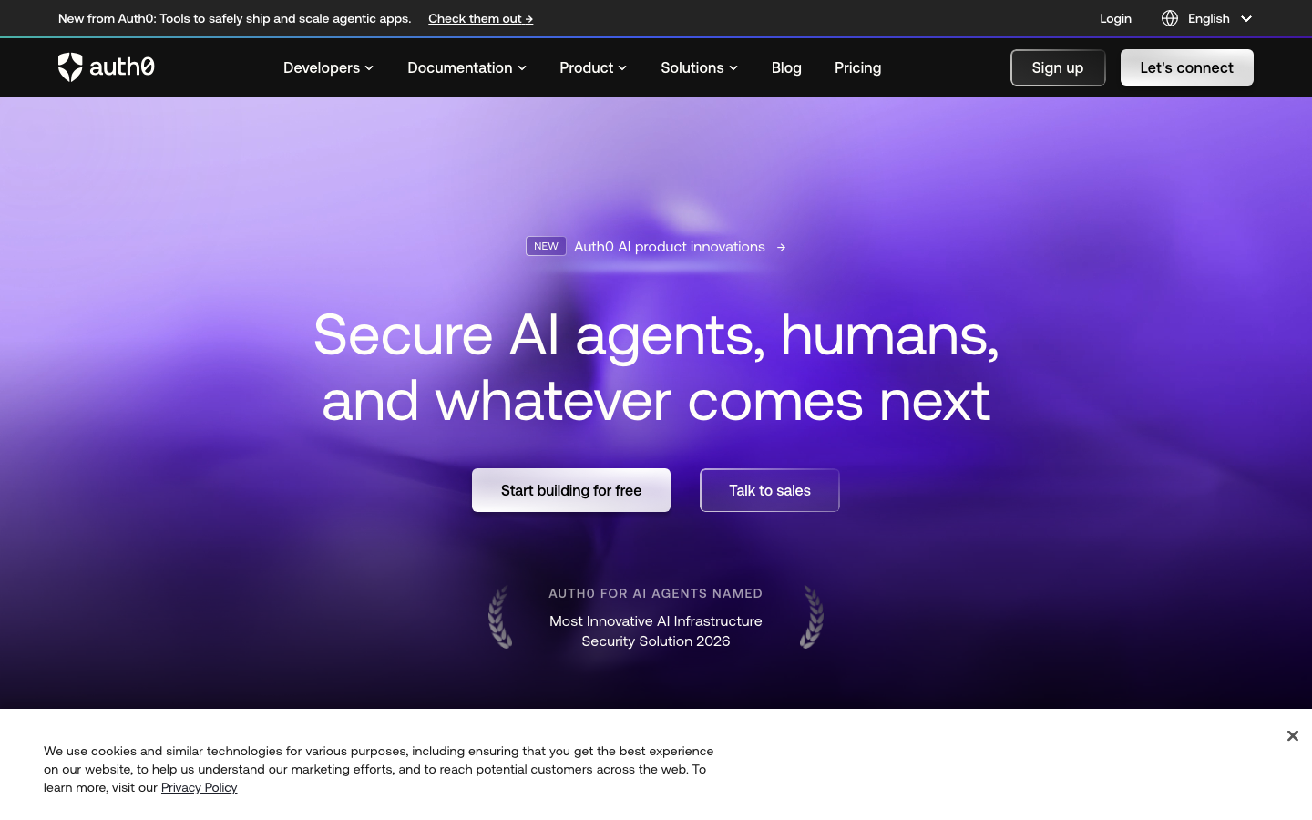 Auth0 homepage showing developer-first authentication platform and start building CTA