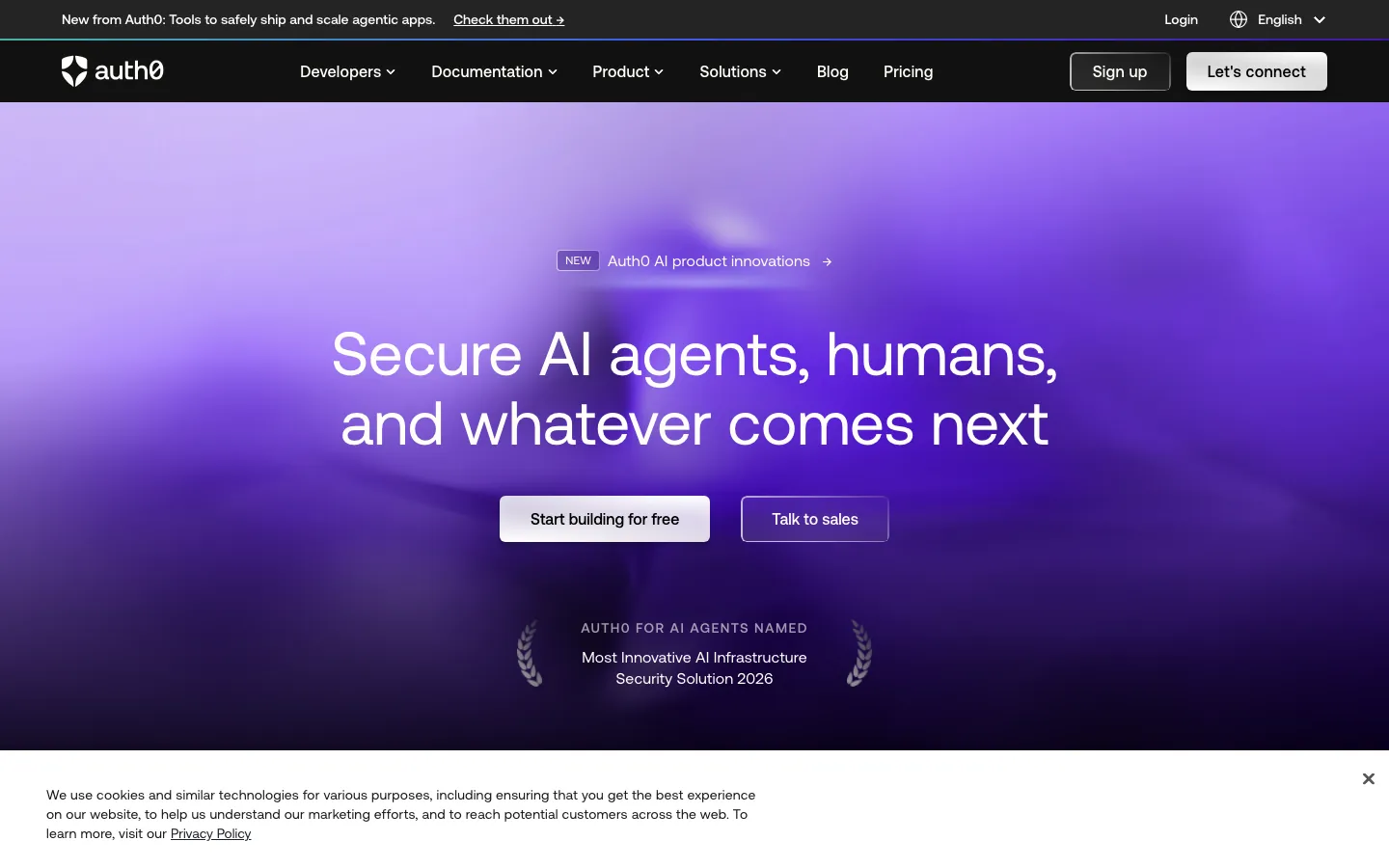 Auth0 homepage showing developer-first authentication platform and start building CTA