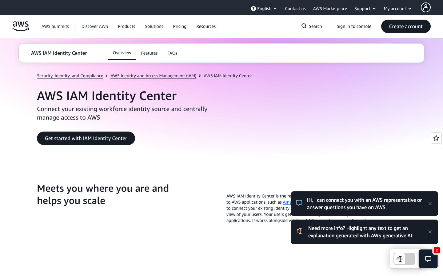 AWS IAM Identity Center page showing centralized AWS account and application access management
