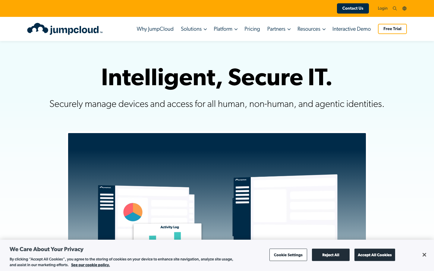 JumpCloud homepage showing Intelligent Secure IT headline and device plus identity platform UI