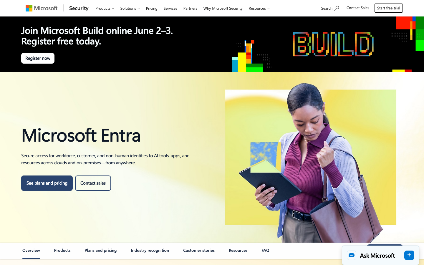 Microsoft Entra ID product page showing unified identity security headline and sign-in flow