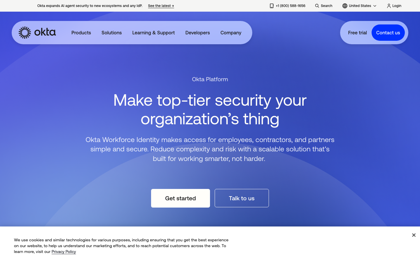 Okta Workforce Identity homepage showing platform headline and get started CTA