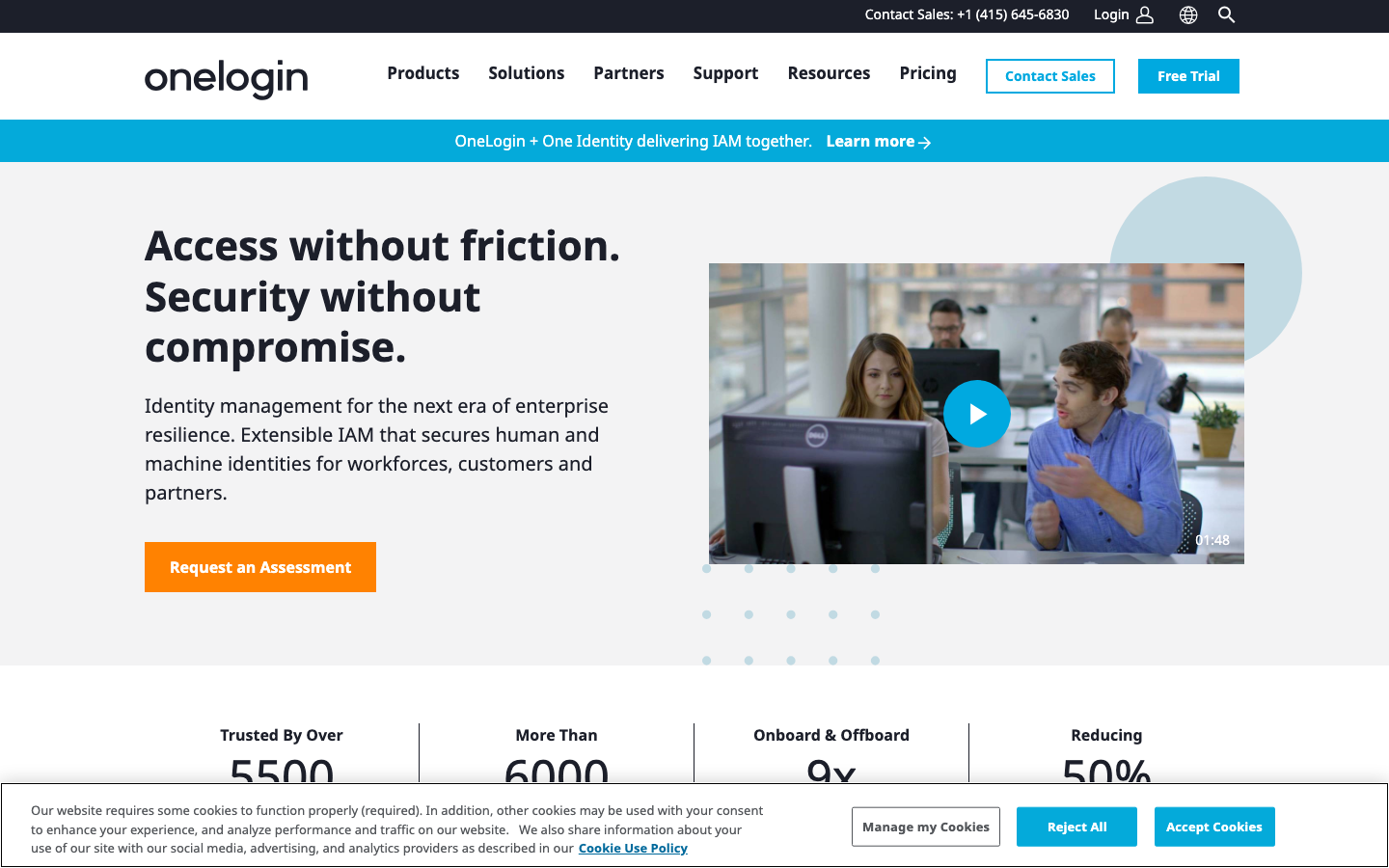 OneLogin homepage showing unified identity security and SSO platform for workforce access