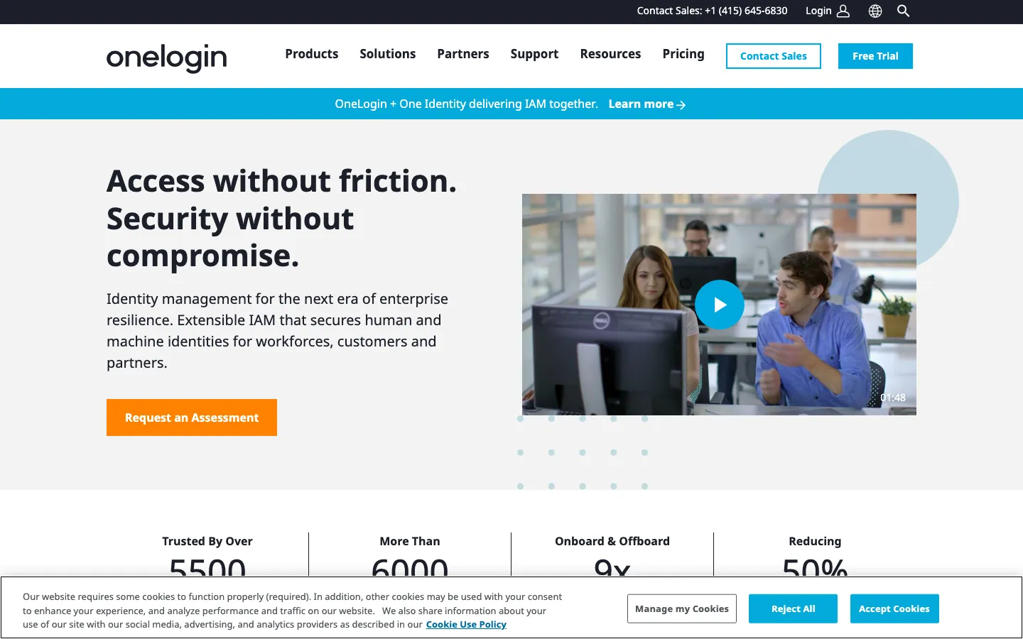 OneLogin homepage showing unified identity security and SSO platform for workforce access