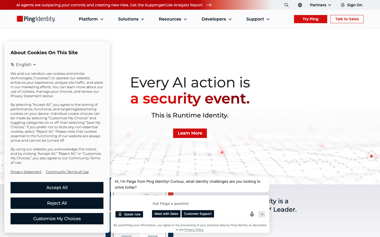 Ping Identity homepage showing unified identity security platform for workforce and customer identity