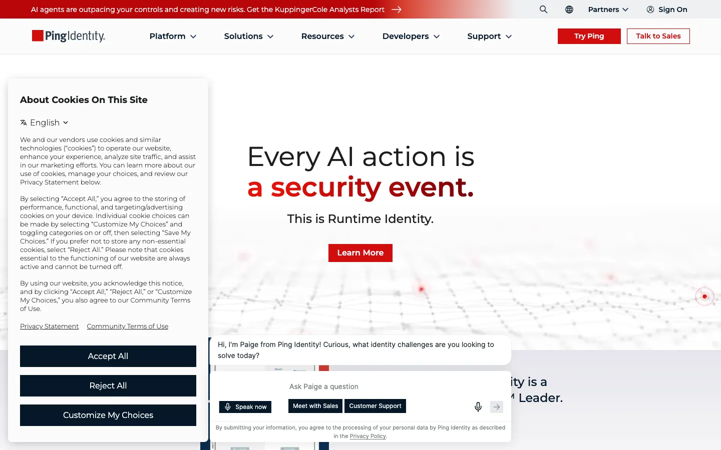 Ping Identity homepage showing unified identity security platform for workforce and customer identity