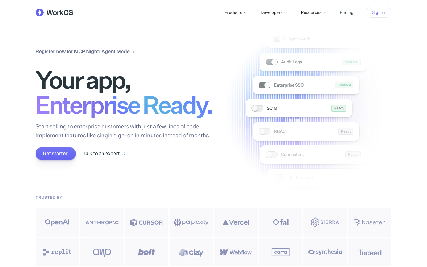 WorkOS homepage showing enterprise-ready B2B SaaS authentication and SSO infrastructure platform