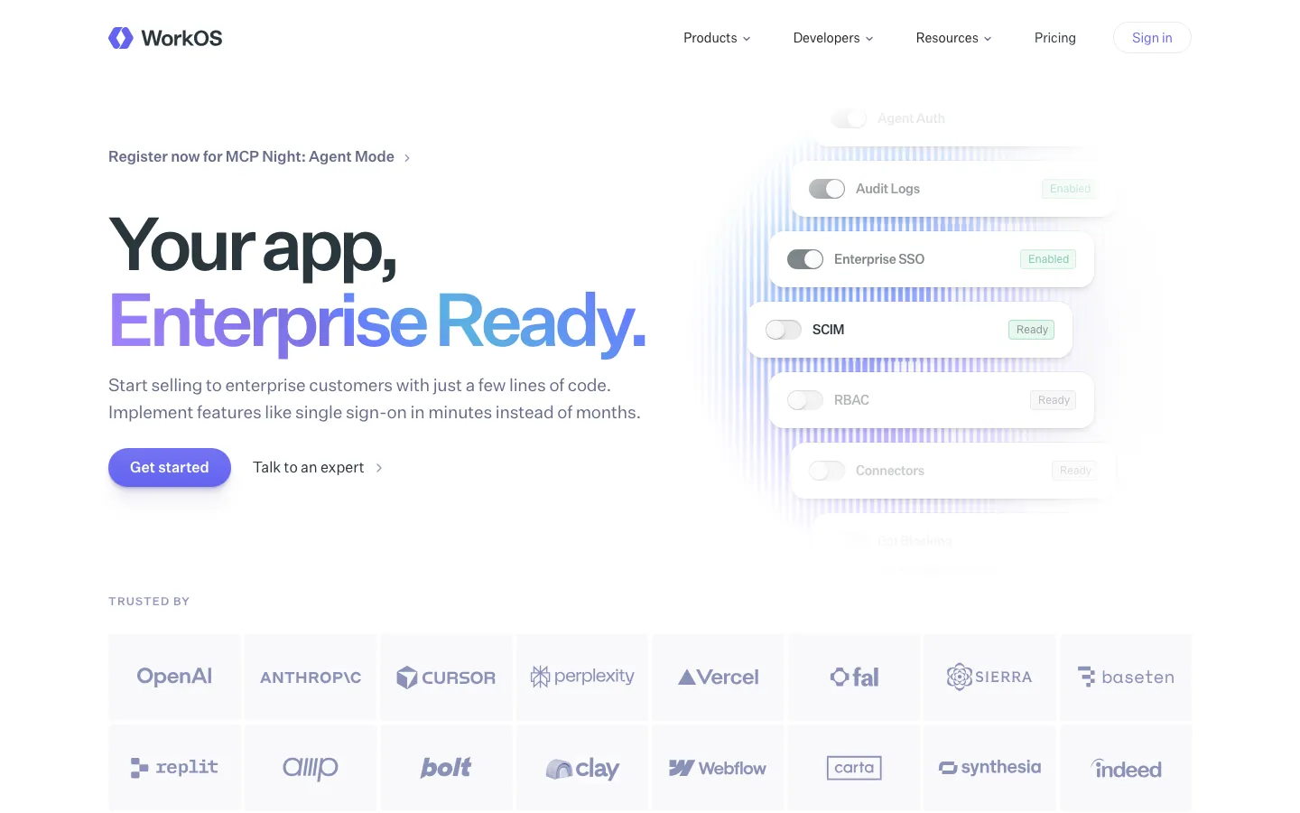 WorkOS homepage showing enterprise-ready B2B SaaS authentication and SSO infrastructure platform