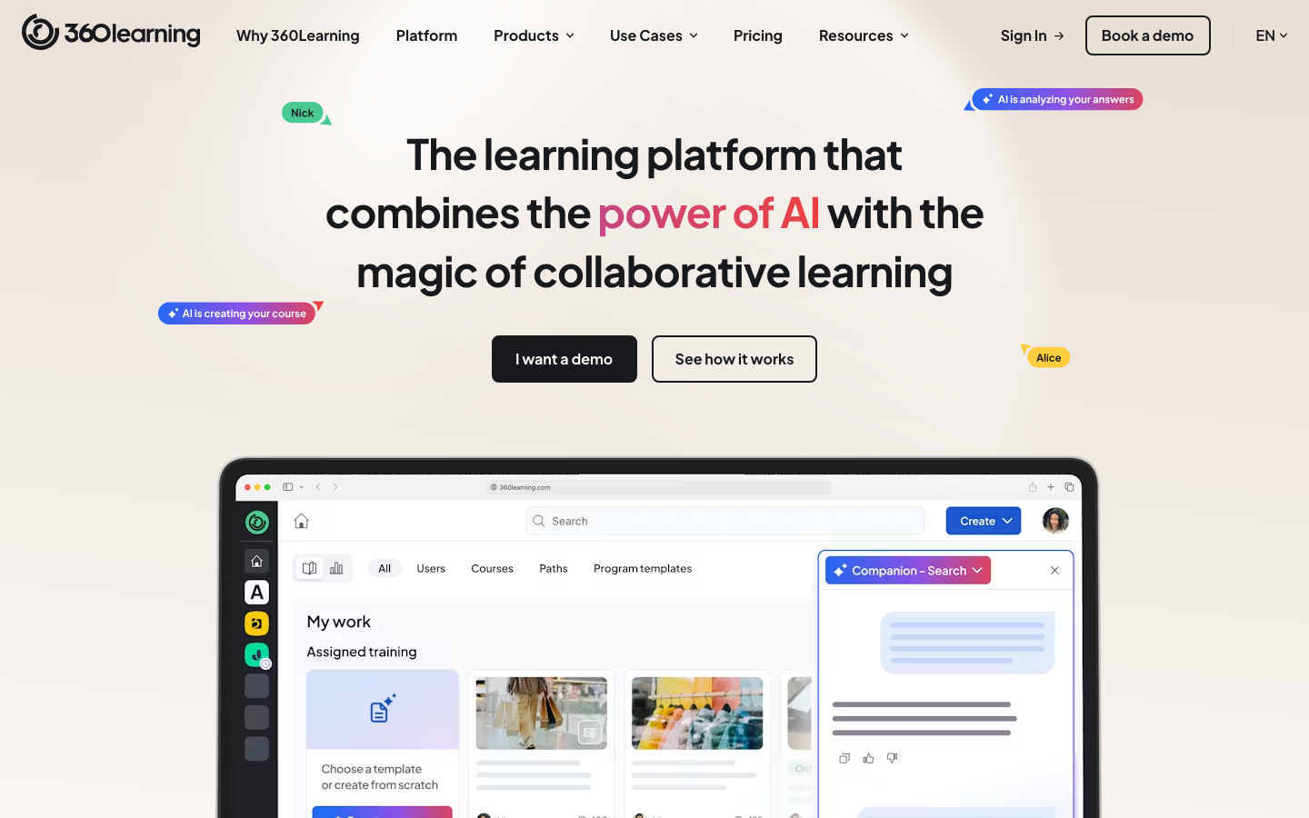 360Learning LMS homepage showing collaborative course creation and peer learning features