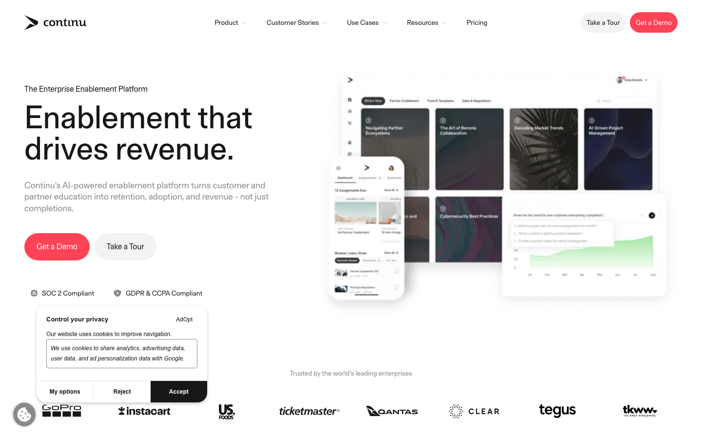 Continu LMS homepage showing Slack integration, modern learning platform, and enterprise features