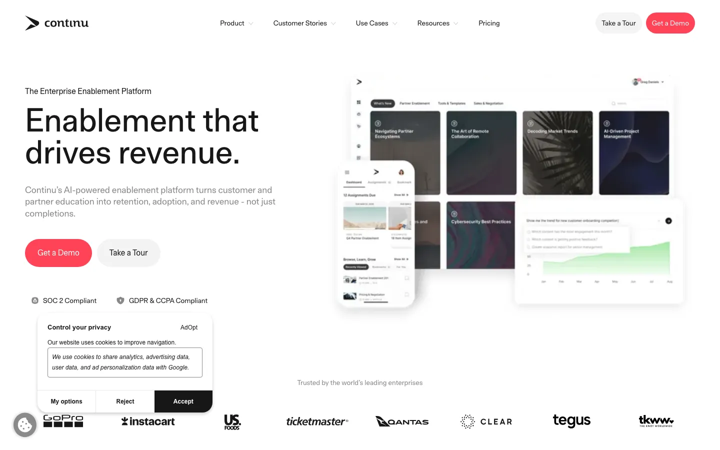 Continu LMS homepage showing Slack integration, modern learning platform, and enterprise features