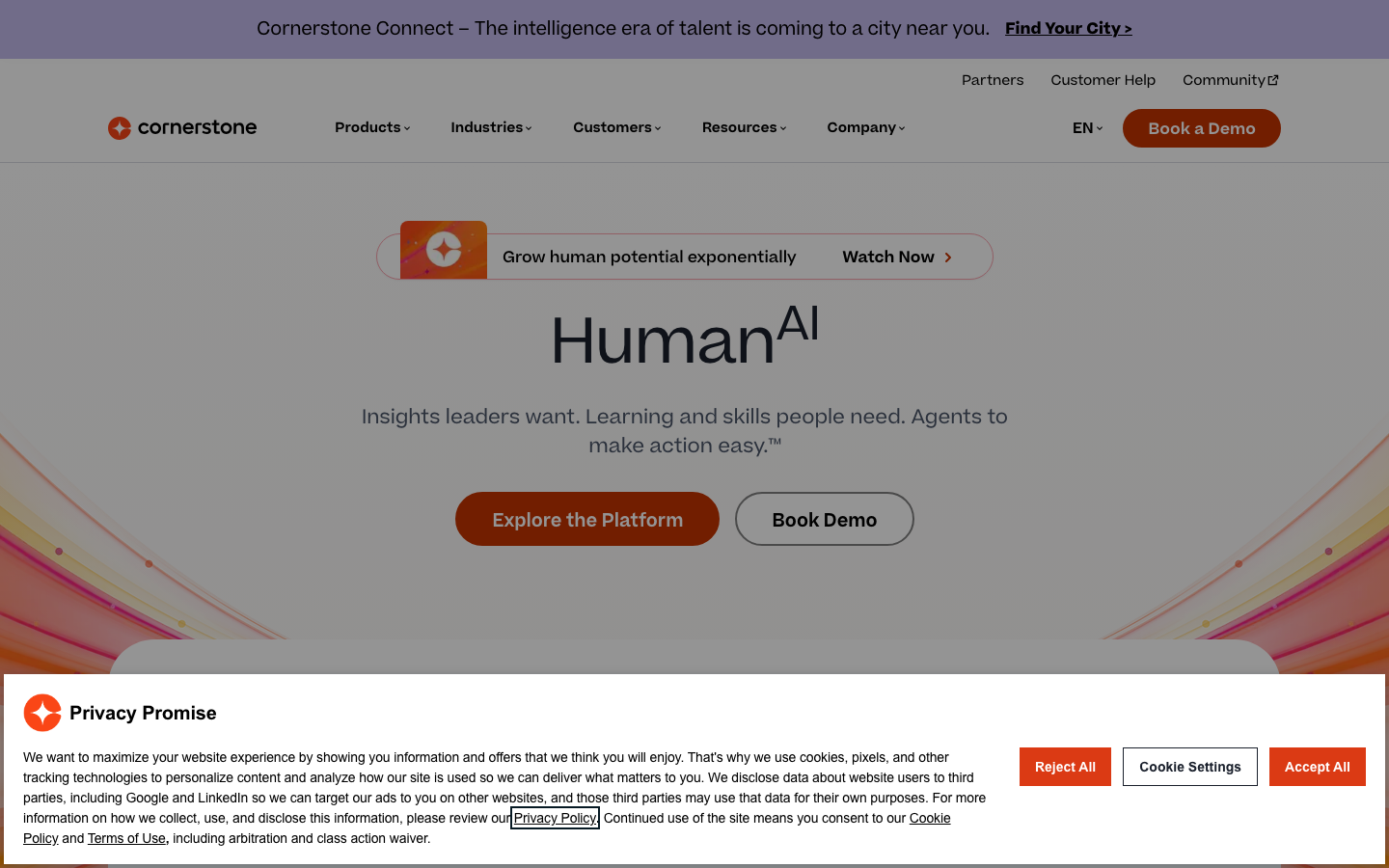 Cornerstone Learning homepage showing enterprise learning management and talent development platform